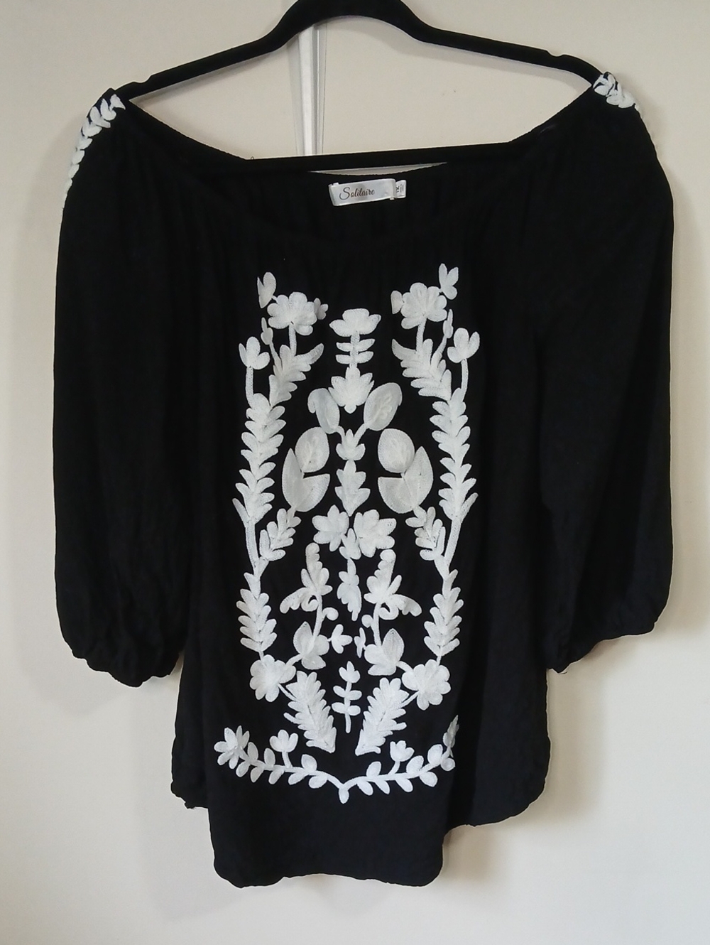 Solitaire Black Blouse with White Floral Embroidery 3/4 Sleeve